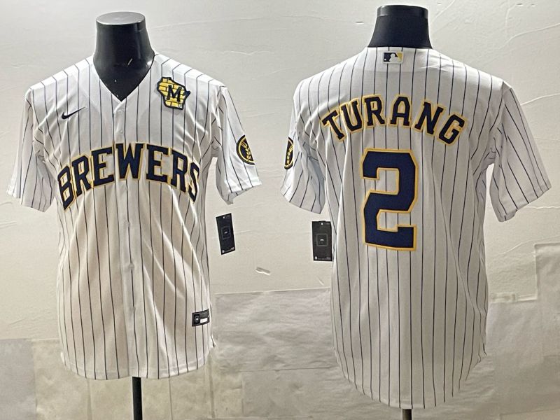 Men 2025 Milwaukee Brewers #2 Turang White Stripe 2025 Nike MLB Jersey 017->milwaukee brewers->MLB Jersey